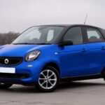 Niebieski Smart Forfour zaparkowany na tle miejskich budynków