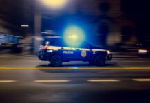 Słynne amerykańskie policyjne radiowozy: Crown Victoria, Caprice i Charger jako ikony autostradowych pościgów Policyjny radiowóz w nocnym pościgu z włączonymi kogutami